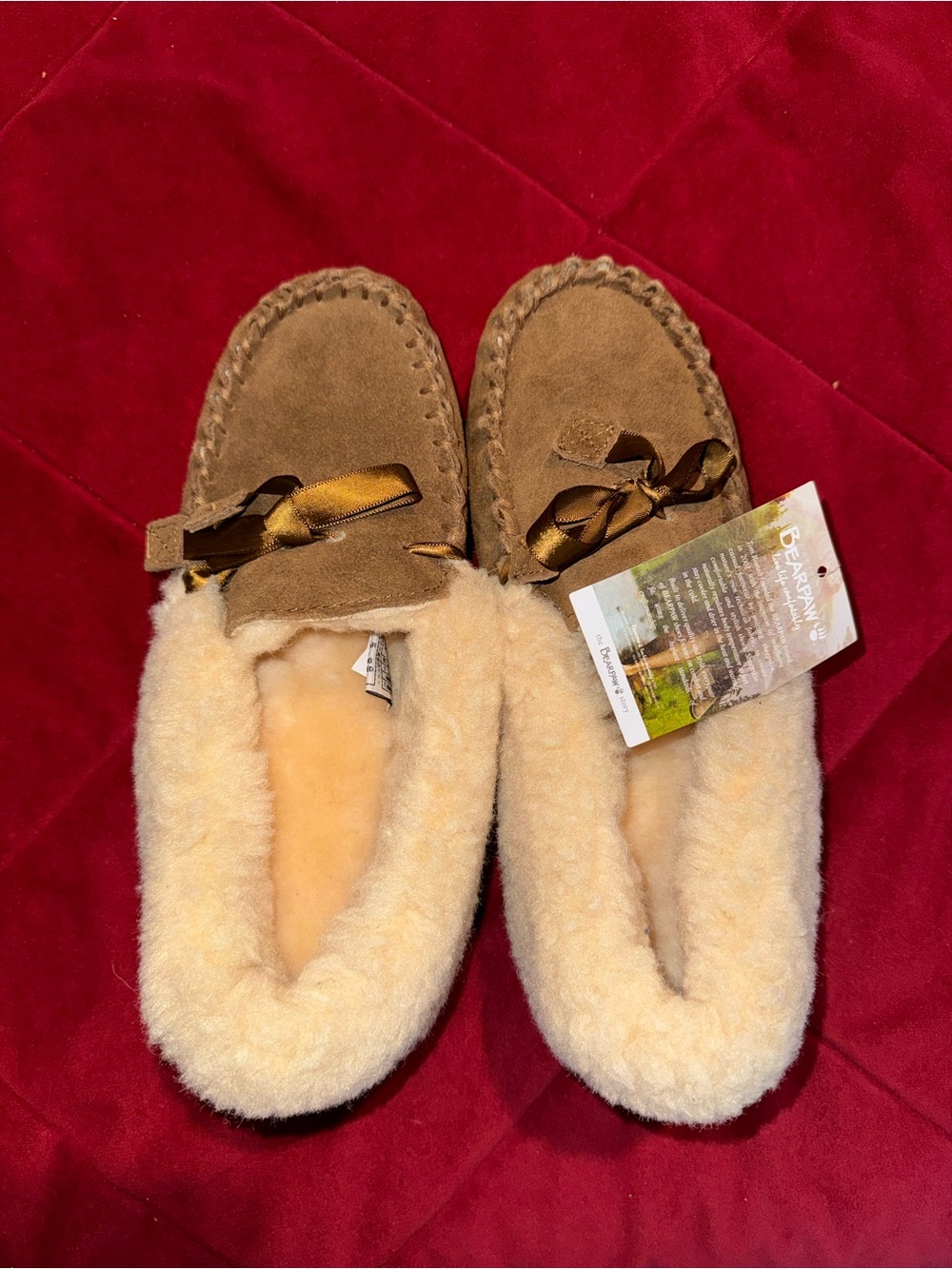 Women Brown Suede Moccasin Slippers with Cream Shearling Lining